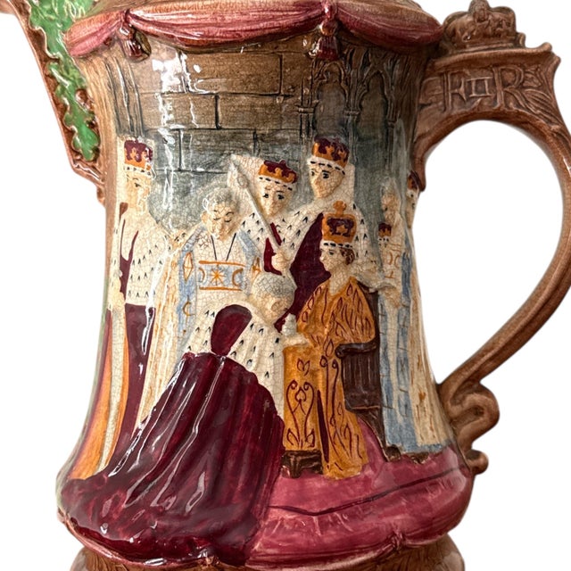 English Vintage Burleigh Ware Coronation Jug — Queen Elizabeth II Commemorative Relief Pitcher — 8.5” For Sale - Image 3 of 11