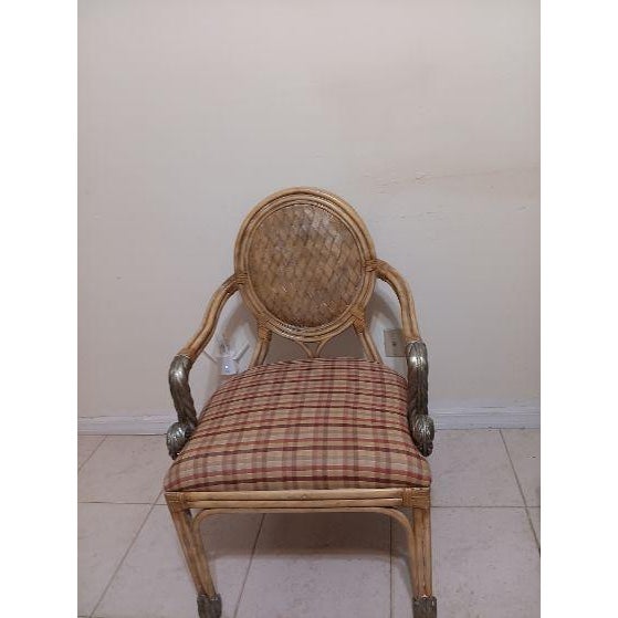Vintage Bamboo Rattan Dining Armchair Metal Accents Set of 4 For Sale - Image 14 of 14