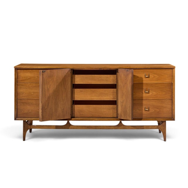 Brown Broyhill Brasilia Mid Century Walnut and Brass 9 Drawer Lowboy Dresser For Sale - Image 8 of 9