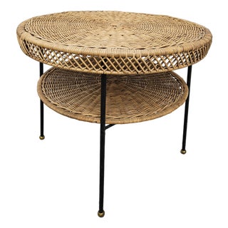60s Round Wicker Rattan Side Table Brass Ball Feet For Sale
