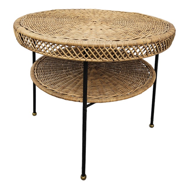 60s Round Wicker Rattan Side Table Brass Ball Feet For Sale
