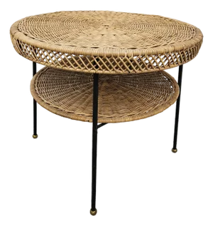 60s Round Wicker Rattan Side Table Brass Ball Feet