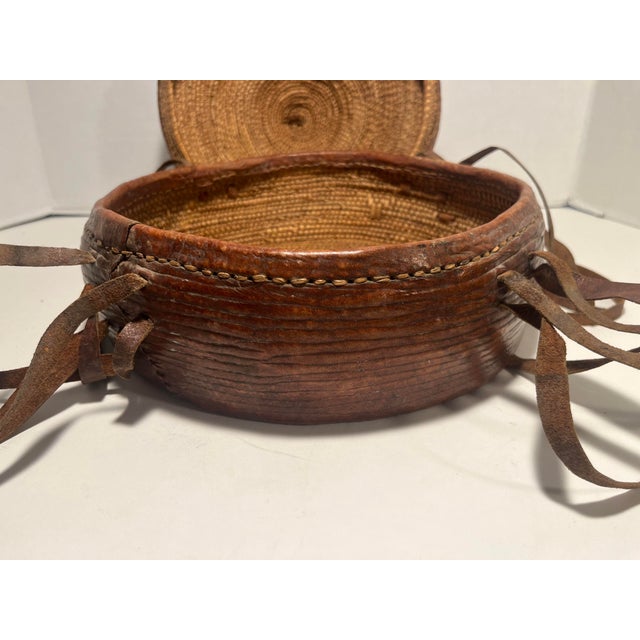 Wood Antique Ethiopian Agelgil Woven Rattan & Leather Covered Basket 10" Diameter For Sale - Image 7 of 11