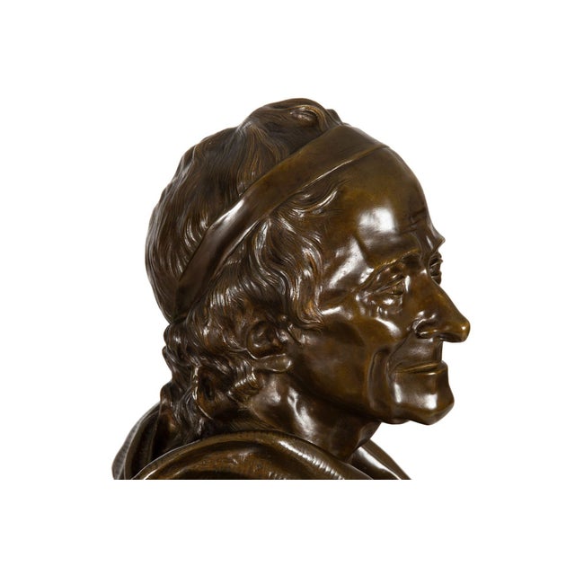 French Antique Bronze Sculpture “Bust of Voltaire” After Jean-Antoine Houdon For Sale - Image 10 of 18