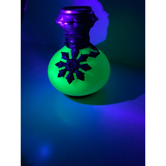 Vintage French Green Uranium Opaline Glass Scent Bottle with Hand-Painted Paris Miniature A beautiful antique-style French...