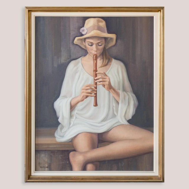 Unknown, Girl Playing Recorder Signed, 1960s, Oil on Canvas For Sale - Image 3 of 10