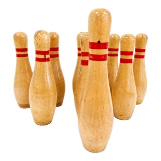 Vintage Set of 9 Wooden Bowling Pins For Sale
