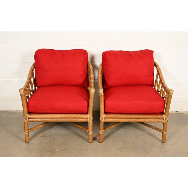 Mid-Century Modern McGuire Mid-Century Hollywood Regency Bamboo Rattan Lounge Chairs, Pair For Sale - Image 3 of 12