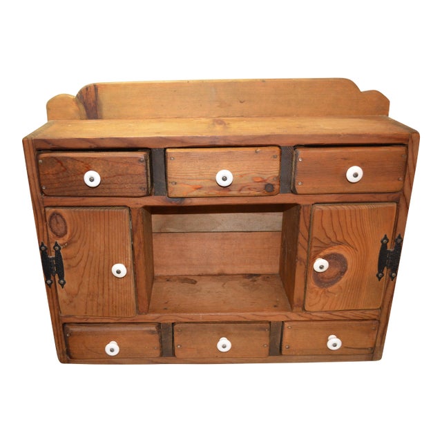 VTG 1921 Furniture CoHandmade Wood Wall Cabinet W/Shelf 6 SML Drawers/2 Cupboards For Sale