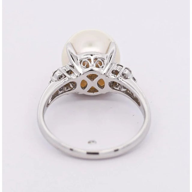 Contemporary 11mm White Cultured Pearl and Round Cut Diamonds in Filigree Platinum Ring Size 7.25 For Sale - Image 3 of 7