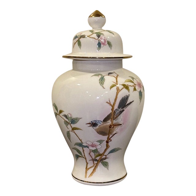 Vintage Japanese Hand Painted Bird Porcelain Lidded Ginger Jar For Sale