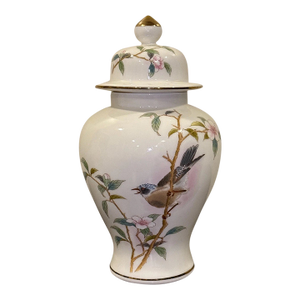 Vintage Japanese Hand Painted Bird Porcelain Lidded Ginger Jar