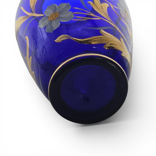 Bohemian Czech Hand-Blown Cobalt Blue Enamel & Fire-Gilt Cabinet Vase 8" For Sale - Image 17 of 17