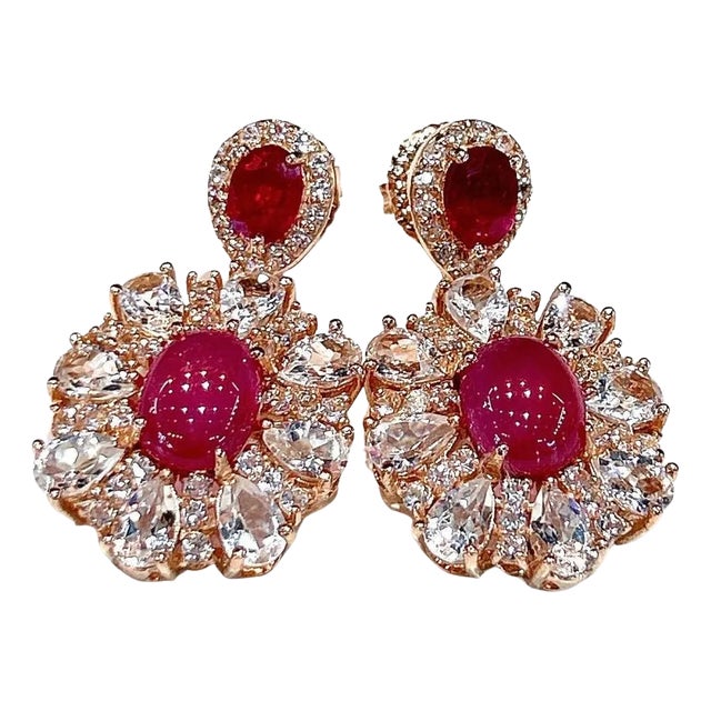 Bochic “Orient” Retro Ruby & White Topaz Earrings Set In 18K Gold & Silver, 2 pieces For Sale