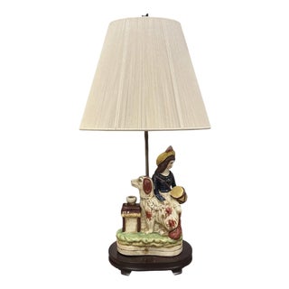 Antique English Staffordshire Pottery Dog & Girl / Lady Figural Lamp With Ivory Silk String Shade. For Sale