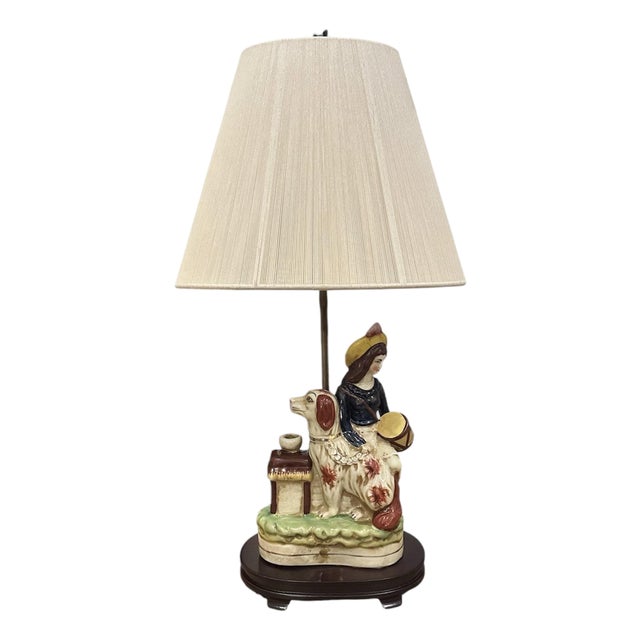 Antique English Staffordshire Pottery Dog & Girl / Lady Figural Lamp With Ivory Silk String Shade. For Sale