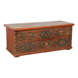 19th Century Hungarian Flat Top Original Hand Painted Pine Trunk For Sale