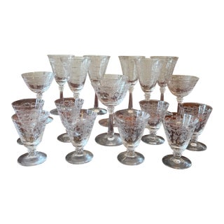 12-Piece Set of Vintage Fostoria Romance Pattern Etched Crystal Glassware With Flowers and Ribbon Designs For Sale