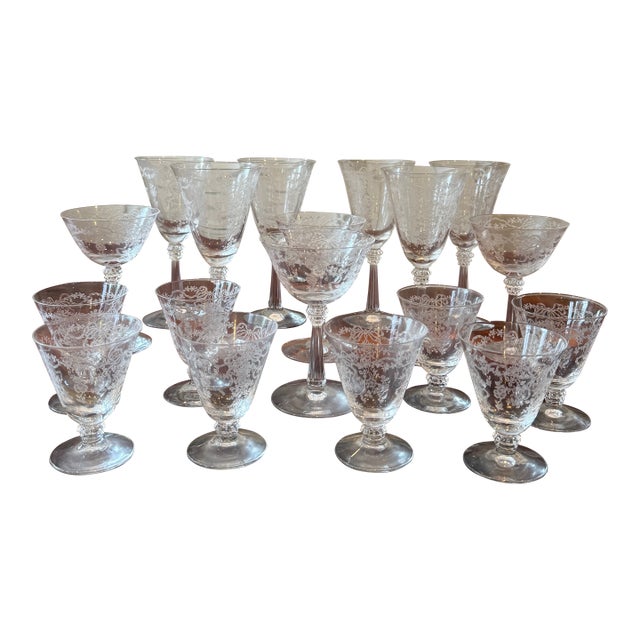 12-Piece Set of Vintage Fostoria Romance Pattern Etched Crystal Glassware With Flowers and Ribbon Designs For Sale