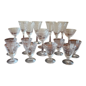 12-Piece Set of Vintage Fostoria Romance Pattern Etched Crystal Glassware With Flowers and Ribbon Designs