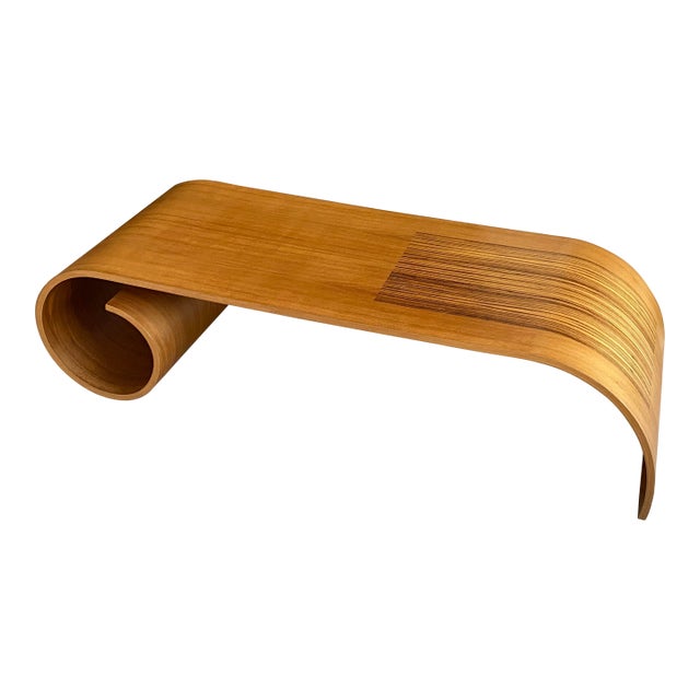 Late 20th Century Kino Guerin Sculpted Bent Wood Ribbon Coffee Table in Laminated Walnut, Signed For Sale