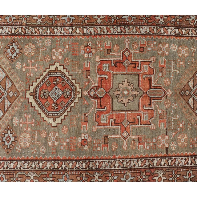 Antique Persian Long Serapi Runner With Multi Medallions in Green, Blue, Orange For Sale - Image 12 of 14