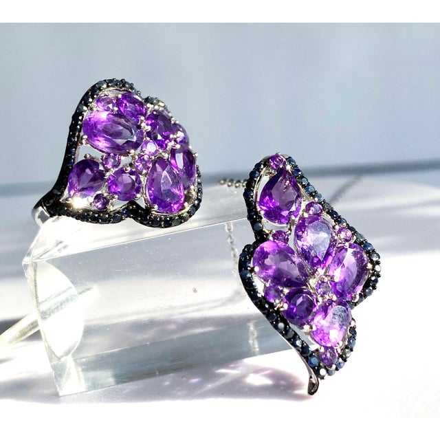 Gemstone Amethyst & Black Sapphire Statement Necklace and Ring Set in Sterling Silver | Italian Roma Chain | Art Deco–Inspired Elegance For Sale - Image 7 of 10
