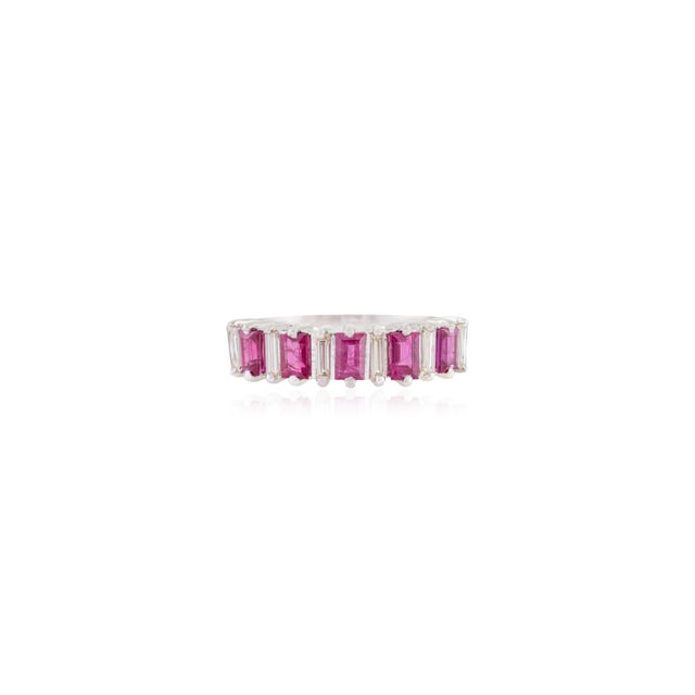 Art Nouveau Prong Set Alternating Ruby & Diamond Baguette Band Ring Size 7 in 14k White Gold For Sale - Image 3 of 13