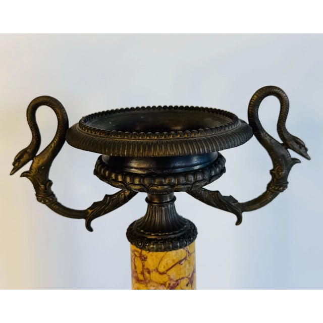 Italian Late 20th Century Italian Marble Candle Pillars With Serpant Metal Accents, a Pair For Sale - Image 3 of 9