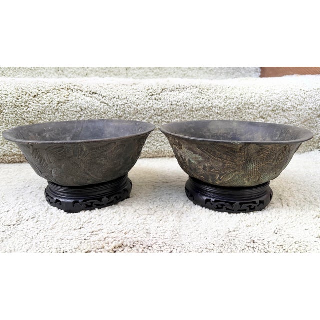 Antique Chinese Pair of Apocryphal Qing Dynasty Bronze Dragon Phoenix Fish Bowls For Sale - Image 9 of 12