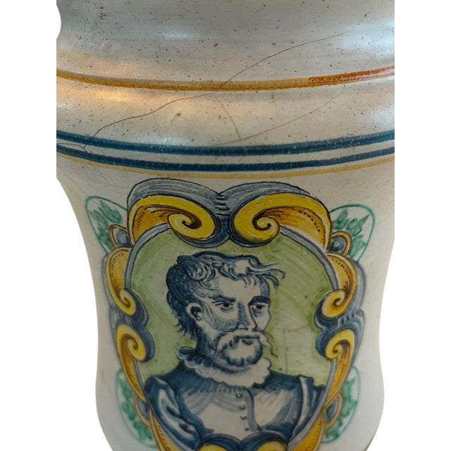 19th Century Italian Albarello (apothecary jar) purchased in Montalcino. A lovely example of Italian maiolica, a type tin-...