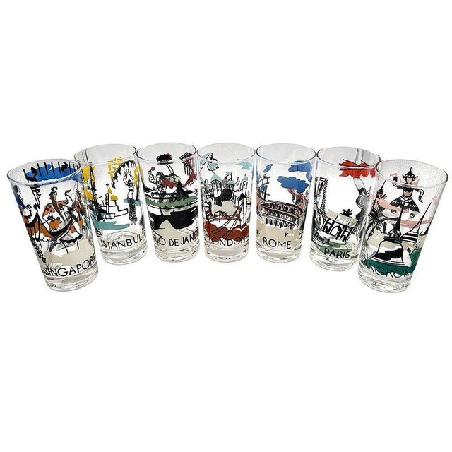 This set of Mid-century seven 12-oz tumbler glasses showcases iconic cities with colorful mid-century designs. Each glass...