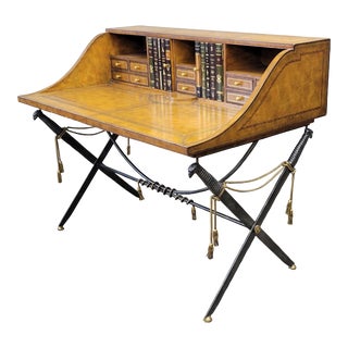 Vintage Maitland-Smith Leather Clad British Campaign Desk With Steel Sword Base For Sale