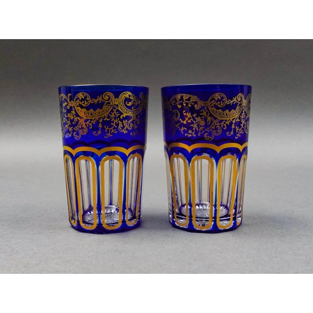 Saint St Louis Crystal France Rabat Blue Gold Gilded Tea Tumbles Glass Set Of 2. Measures approximately 2 3/8" diameter, 3...