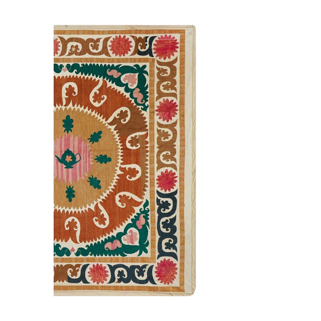 Boho Decor Suzani Panel | Large Terracotta & Teal Embroidery Bed or Sofa Throw 4'3'' X 4'5'' For Sale In New York - Image 6 of 11