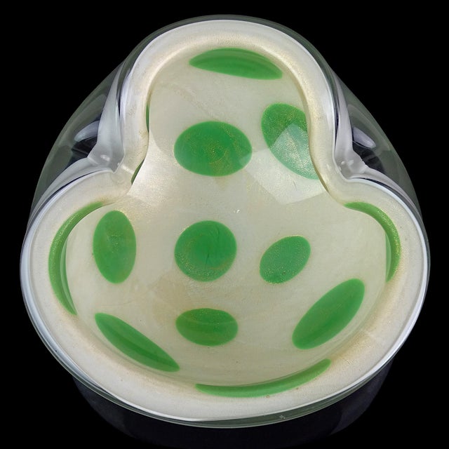 Mid-Century Modern Vintage Murano Barbini Gold Flecks Green Spots White Italian Art Glass Folded Rim Ashtray Bowl Dish For Sale - Image 3 of 10