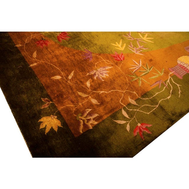 1920s 1920s Green Floral Minimalist Knotted Wool Antique Chinese Art Deco Carpet Rug For Sale - Image 5 of 11