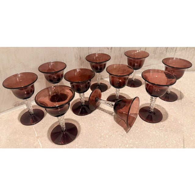 Rare Vintage Mid-Century Bill Blenko Designed Art Glass Air Twist Amethyst Port/Dessert Glasses- Set of 10 For Sale - Image 10 of 12