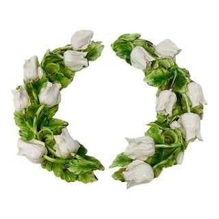 Italian Hand Painted Porcelain Tabletop Candle Wreath With White Flowers Made in Italy a Pair For Sale