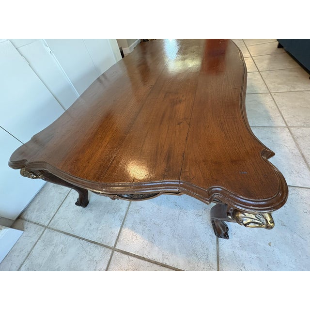 Mid 20th Century Mid 20th Century Oversized Large Vintage Carved Wood Coffee Table With Claw Feet & Gilded Accents For Sale - Image 5 of 16