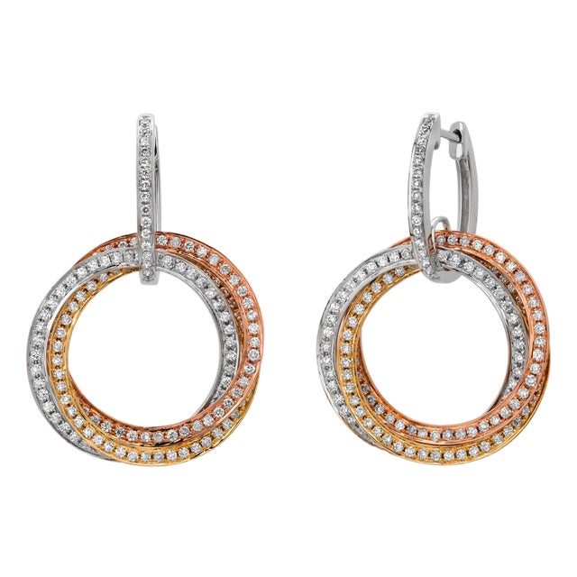 18k Rose White Yellow Gold Diamond 1.95 Carat Intertwining Circle Drop Earrings, A Pair For Sale