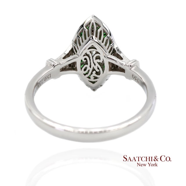 18k (750) White Gold Natural Diamond and Tsavorite Marquise Milgrain Ring, Size 6.5 For Sale - Image 4 of 12