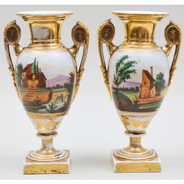 A Pair of 19th Century French Empire Vases Old Paris Porcelain Gilt Ground Pastoral and Figural Mant For Sale In New York - Image 6 of 12