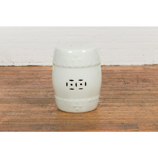 Chinese Vintage Blanc De Chine Garden Stool with Pierced and Raised Motifs For Sale - Image 4 of 13