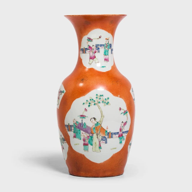 Ceramic 1920s Chinese Persimmon Phoenix Tail Vase With Cartouche Paintings For Sale - Image 7 of 7