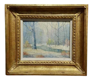 1900s "Winter Solitude by the Creek Landscape" Oil Painting by William Krullaars