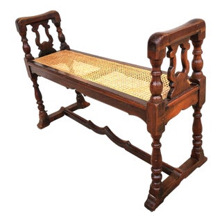 Antique English Walnut & Cane Window Bench For Sale