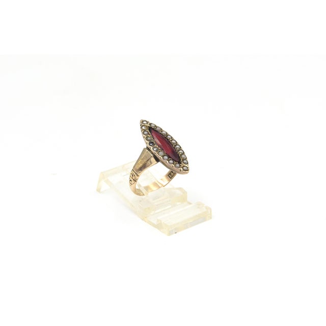 Victorian Antique Victorian 14k Gold Garnet and Seed Pearl Navette Ring, Size 5 For Sale - Image 3 of 12
