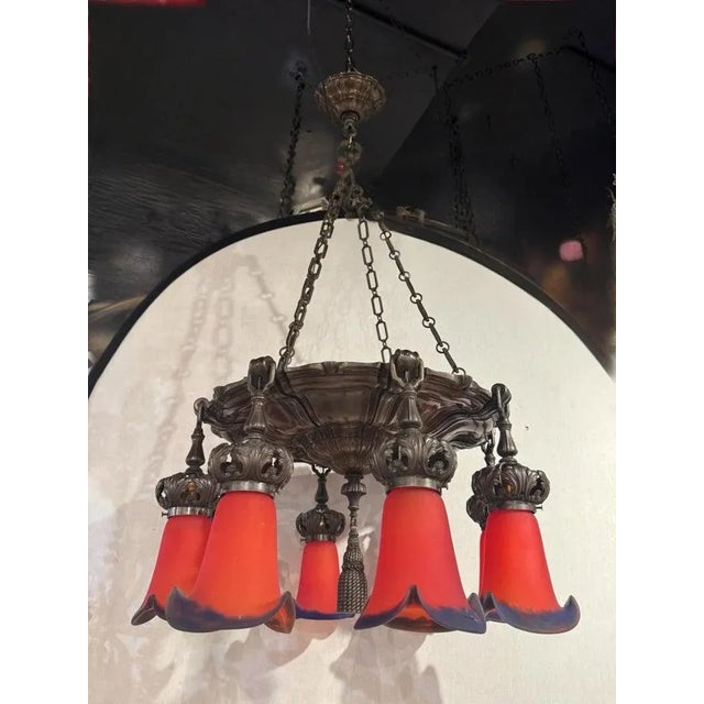 American 1900 Caldwell Silver Chandelier With Red Flowers Glass Shades 8 Lights For Sale - Image 3 of 9