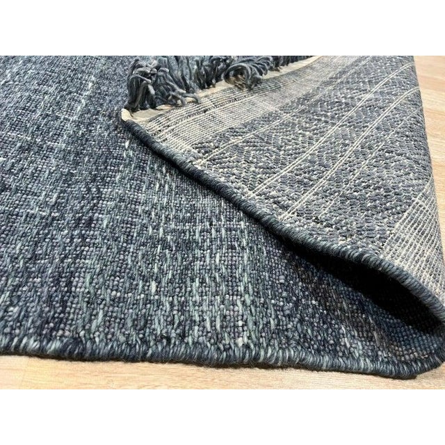 6x9 Blue Flat Weave Wool Banded Diamond Border Geometric Modern Carpet Rug For Sale - Image 4 of 6